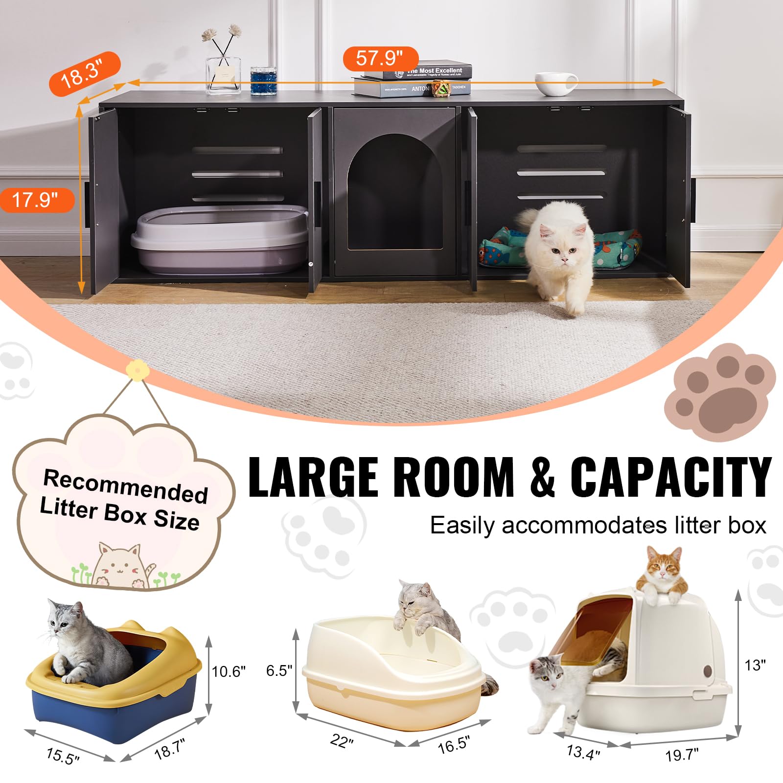 VEVOR Cat Litter Box Enclosure for 2 Cats, Litter Box Furniture Hidden with Double Rooms, Wooden Cat Box Cabinet Fit Most of Lit
